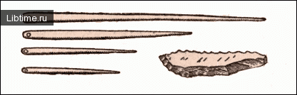 Bone needles of the Cro-Magnons and a flint sharpener for them