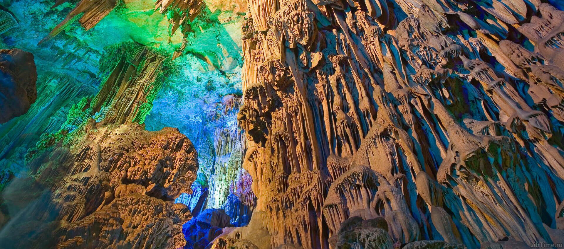 Interior view of a deep cave for speleology exploration